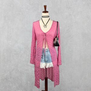 Almost Famous Y2K Pink Sheer Mesh Textured Tie Front Long Sleeve Cardigan